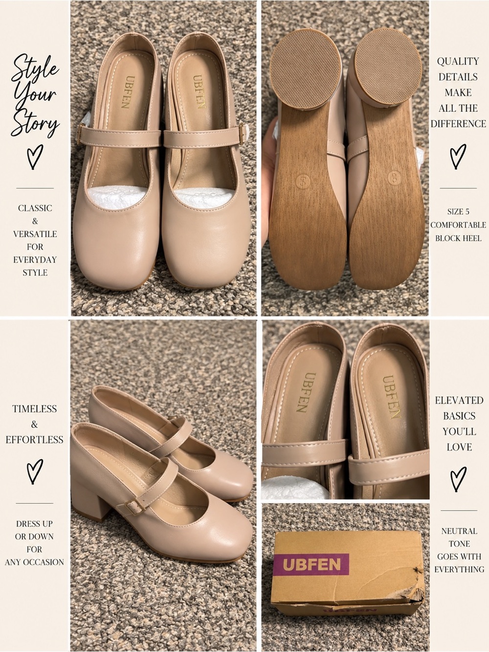 Women's Beige Mary Jane Block Heel Pumps